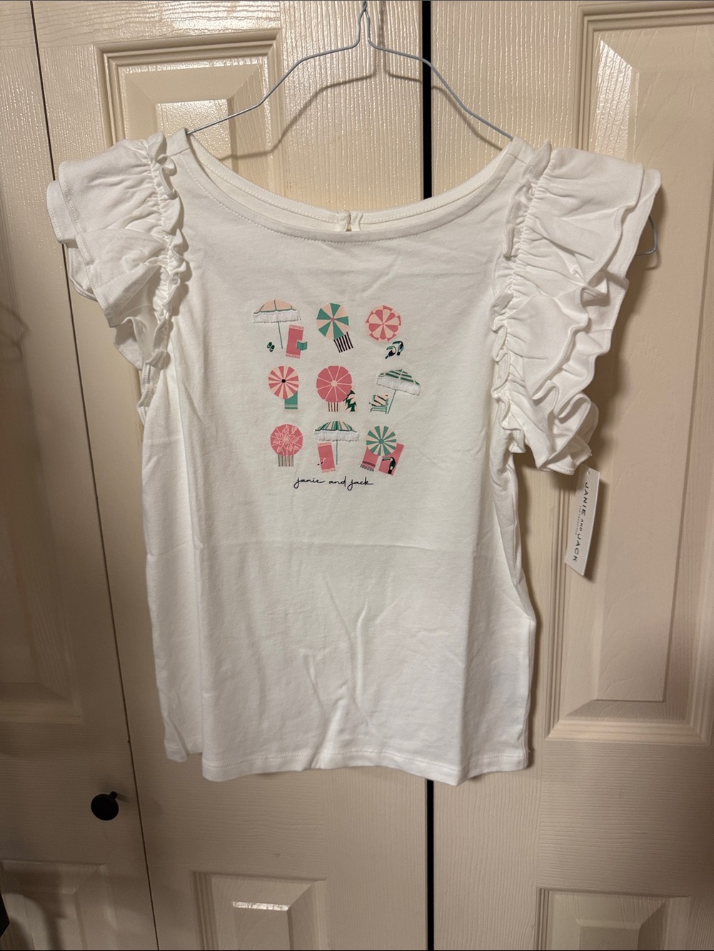 Janie and Jack White Ruffle Sleeve Tee with Pink & Green Beach Motif